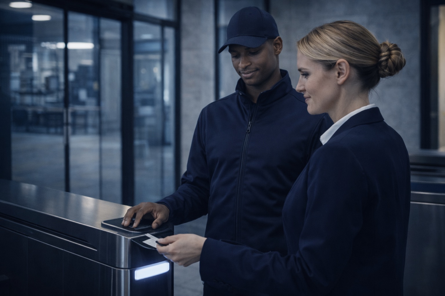 Agent DMS Sécurité contrôlant le badge d'une visiteuse à un tourniquet d'entreprise