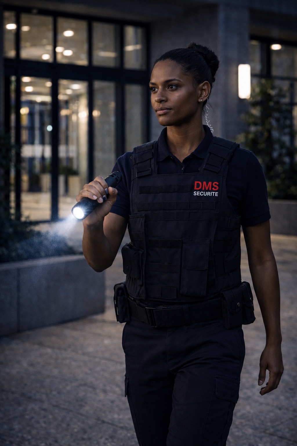 Agente DMS Sécurité en gilet tactique effectuant une ronde de nuit, lampe torche à la main